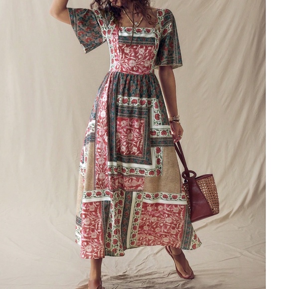 Boho Floral Print Smocked Short Sleeve Dress - Picture 2 of 5